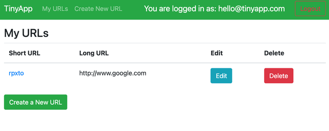 TinyApp URL shortener interface